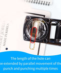 Go-To All Metal Single Hole Puncher With Lever, punches up to eight A4 sheets, demonstrating oval hole size and 12mm feed depth
