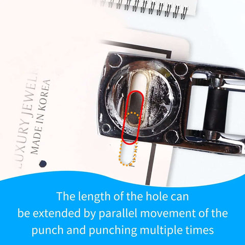 Go-To All Metal Single Hole Puncher With Lever, punches up to eight A4 sheets, demonstrating oval hole size and 12mm feed depth