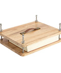 Side view of a wooden book press for binding and craft projects large 14.7 by 11.4 inch with comfort grip handle and foot pads.