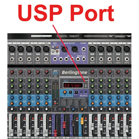 Close-up of 16 Channel Bluetooth Studio Audio Mixer with USP port, 14 mic preamps, and 24Bit digital effects for DJs and home studios.