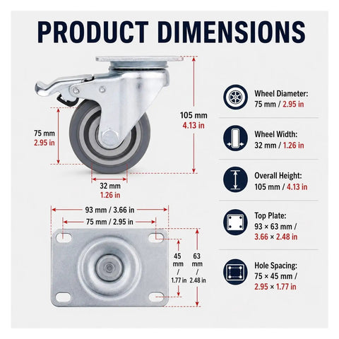 Product dimensions for Set Of Four 3 Inch TPR Swivel Plate Casters With Dead Quiet Foot Brakes and Zero Drag Non Marking Rubber Tread.
