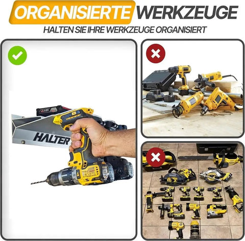 3 Pack Cordless Tool Holder Wall Mounts For 20V And 60V Tools Snap Fit Drill Organizer Hanger Kit displayed with tools
