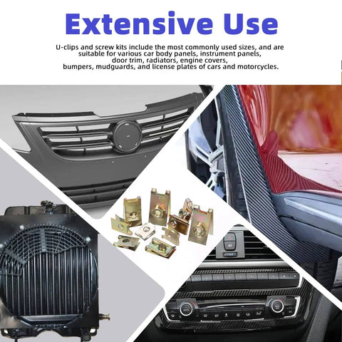 Collage showing 183 Pcs Automotive U Clips And Screws Kit With 11 Sizes for car panels and trims, including installed examples.