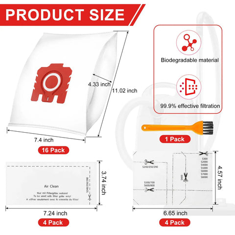 Upgraded 3D Airclean FJM Vacuum Bags 16 Pack With 4 Motor Protection Filters and 4 AirClean Filters, product size details.