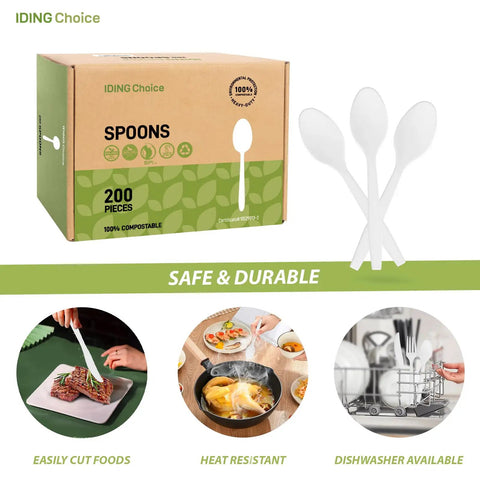 Package of 100% Compostable Heavy Duty Flatware Set, 200 Count No Plastic Spoons And Utensils with usage examples.
