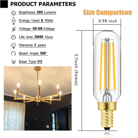 Dimmable T6 LED Filament Bulbs 8W E12 Candelabra Edison Candle Bulbs 3000K Soft White 800 Lumens 100W Equivalent with chandelier