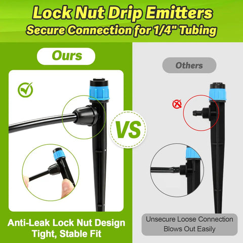 Comparison of 50 Pack 1/4 Inch Drip Emitters With 5 Inch Stakes Adjustable 360 Degree Water Flow Vortex Sprayer Drippers.
