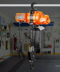 VEVOR electric chain hoist, orange ceiling-mounted unit with chain and remote control, 2200 lb capacity.