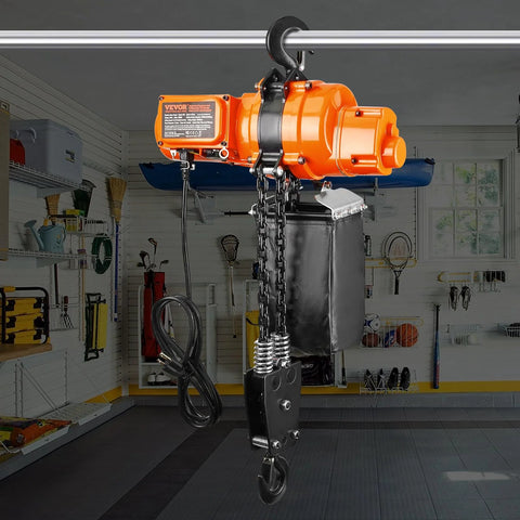 VEVOR electric chain hoist, orange ceiling-mounted unit with chain and remote control, 2200 lb capacity.