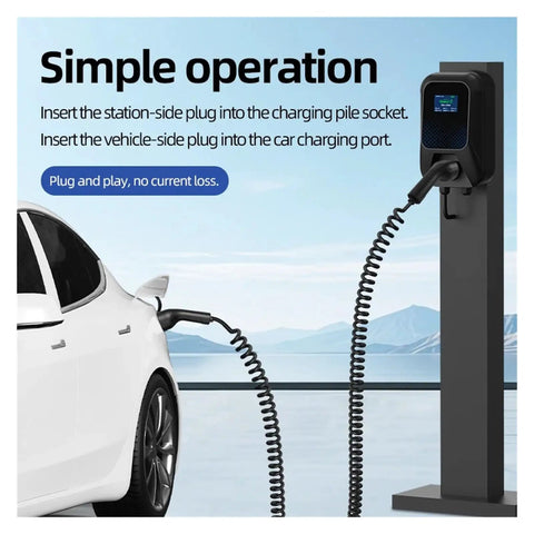 Heavy Duty Type 2 Electric Vehicle Charger Extension Cable With Smart Temp Sensor And Automatic Leakage Cutoff Spring Flex Coil Cord Up To Twenty Two Kilowatts Plug And Go For Daily Grinds Or Road Trips Done Right connecting to an electric car at a charging station.