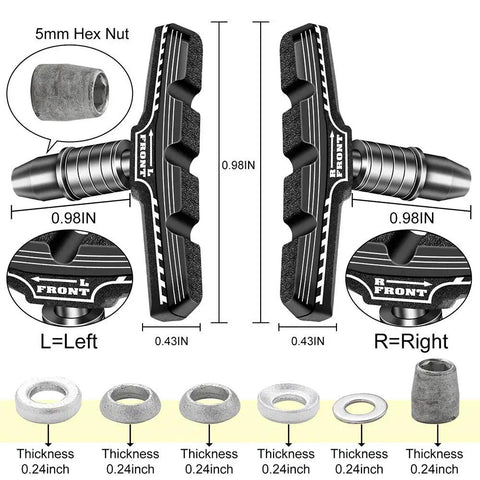 Long Lasting Bike Brake Pads Set With Universal 70mm V Brake Shoes Includes Hex Nut Tools And Shims No Fuss Install no skid.