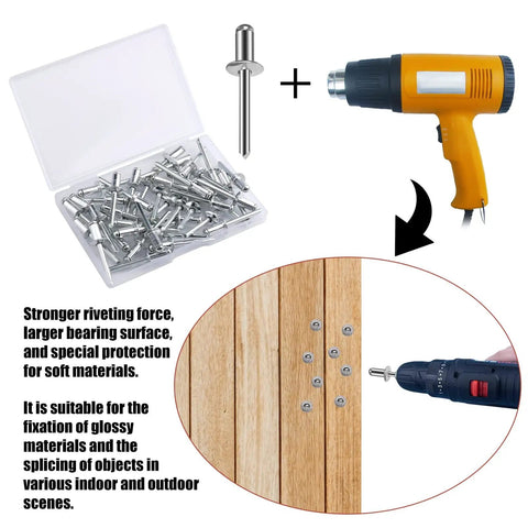 Aluminum Blind Rivets Set 1/4 By 1/2 Inch Large Flange Pull Rivets Self Plugging Pop Rivets Kit For Home DIY Projects And Household Appliances, 40 Pcs In Sturdy Transparent Storage Box For Easy Carry, shown with drill and rivet gun on wooden surface.