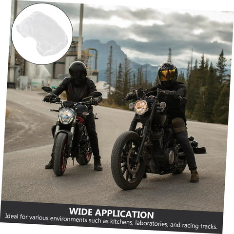 Two motorcyclists wearing helmets on a road, showcasing 50 Pack Top Shelf Disposable Nonwoven Hair Nets For Cleanrooms And Kitchen Sites.