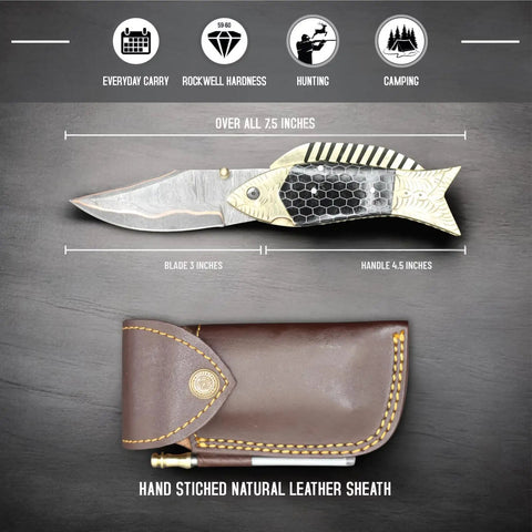Damascus Fish Style Folding Knife With Ladder Pattern Blade Handmade Damascus Steel Pocket Knife For Everyday Carry