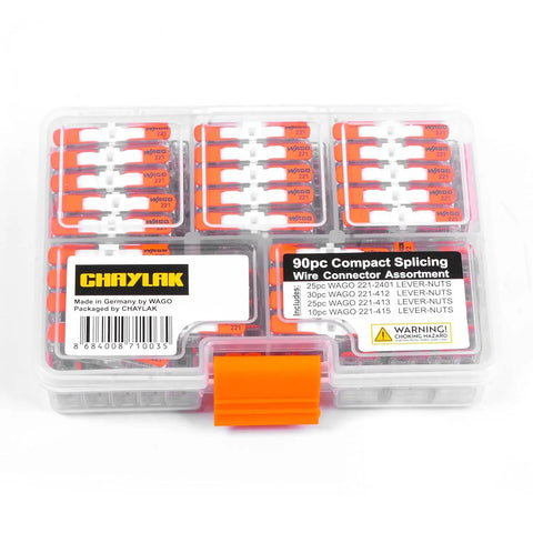 DIY Ready Wire Connectors Set In Sturdy Case With 221 Series Inline Splice 12 AWG Kit Includes 221-2401, 221-412, 221-413, 221-415 Compact Splicing Wire Nuts For Home Wiring Projects 90-Piece in clear plastic case with orange latch.