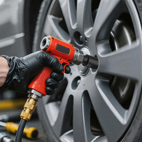 Mechanic using Heavy-Duty 19-Piece One-Half Inch Drive SAE Impact Socket Set to remove wheel lug nuts.