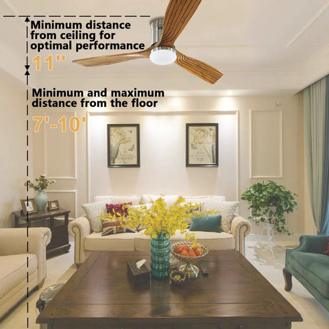 52 Inch Yellow Wood Hugger Ceiling Fan With Light And Remote installed in living room, low profile with parasol wood blades.