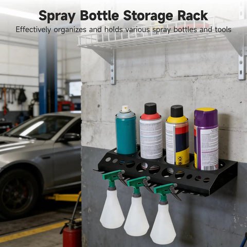Wall Mount Spray Bottle Organizer For Garage And Home Cleaning With Four Spray Can Slots Twelve Holes And Seven Hooks Keeps Auto Detailing Tools And Car Wash Supplies Grab And Go Neat Space Saving Easy Reach on concrete wall in garage.