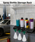 Wall Mounted Spray Bottle Holder Garage Organizer With Four Spray Can Slots in a garage, holding spray bottles and cans.