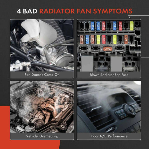 4 bad radiator fan symptoms: fan not running, blown fuse, vehicle overheating, poor A/C performance with visuals.