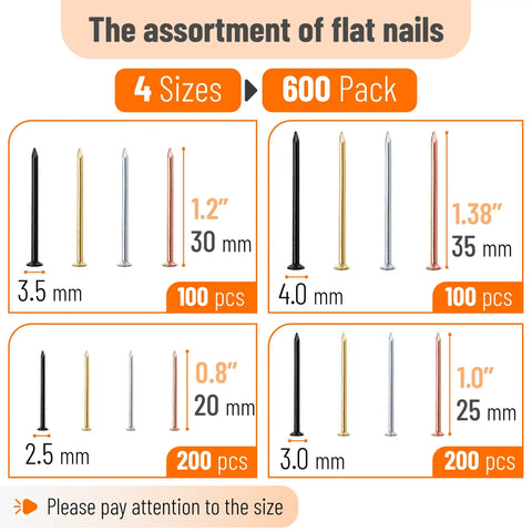 Pro Level Steel Nail Assortment Pack With 600 Pieces Across Four Different Sizes, black, gold, silver, copper nails in varying lengths.