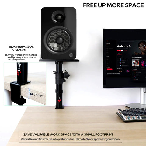 Clamp On Desk Speaker Stands For Dual Monitors, Height Adjustable Tilt, Desktop Mounts, Elevates Sound With Four Lockable Heights