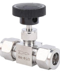 Front view of a 304 stainless steel needle valve with a black knurled knob and 1/2-inch compression fittings.