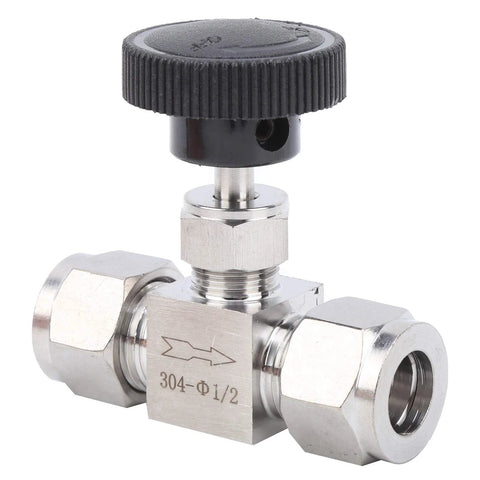 Front view of a 304 stainless steel needle valve with a black knurled knob and 1/2-inch compression fittings.