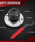 Upgrade your Shop Game With This Awesome Nakkaa ER32 Collet Chuck, 80mm Big Diameter And Insane Precision For Your CNC Milling Machine Setup showing a parts overview, featuring clamping nut, chuck body, and ER-32 wrench.