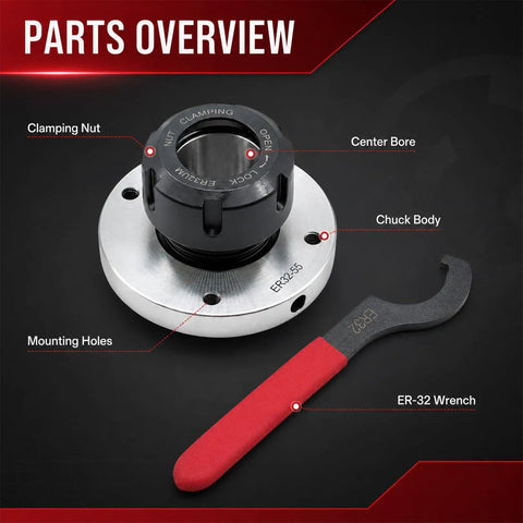 Upgrade your Shop Game With This Awesome Nakkaa ER32 Collet Chuck, 80mm Big Diameter And Insane Precision For Your CNC Milling Machine Setup showing a parts overview, featuring clamping nut, chuck body, and ER-32 wrench.