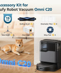 Front view Omni C20 accessory kit for eufy Omni C20 robot vacuum; 19-pack with brushes, dust bags, filters, mop pads.