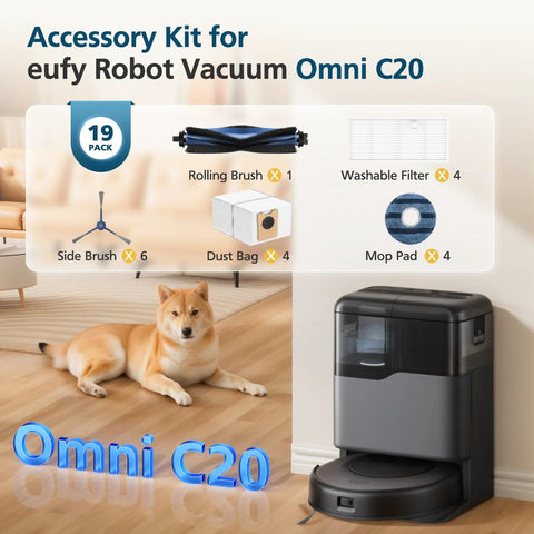 Front view Omni C20 accessory kit for eufy Omni C20 robot vacuum; 19-pack with brushes, dust bags, filters, mop pads.