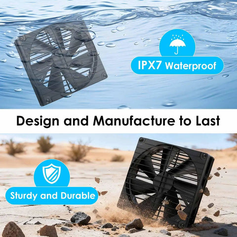 7 Inch Solar Powered Vent Fan With 22W Panel, IPX7 Waterproof, shown in water and desert, design and durability highlighted
