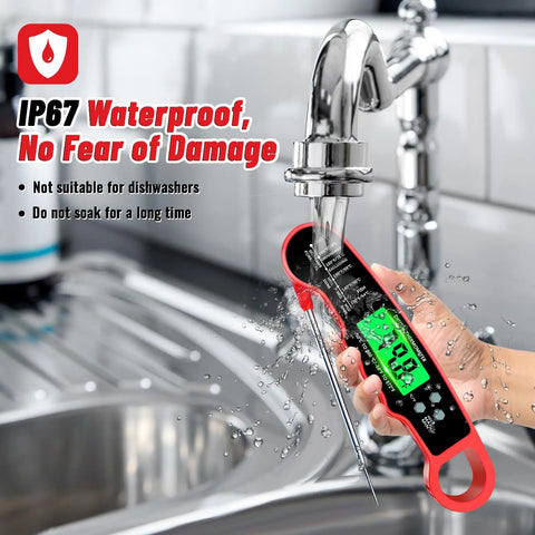 Instant Read Digital Meat Thermometer With Backlight And Magnetic Mount For Kitchen And Grilling, IP67 waterproof demonstration