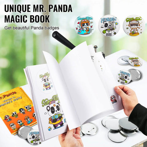75 Mm Button Maker Kit Punch Press for DIY Badges and Crafts with panda designs and button parts on a table