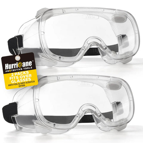 2 Pack PVC Safety Goggles With UV400 Transparent Lenses White Vent Valve Anti Fog Comfort Fit And Adjustable Elastic Band
