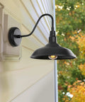 Black Gooseneck Barn Light With 10 Inch Dome Exterior Wall Mount Lamp for Farmhouse Garage Porch Patio Outdoor Sconce Matte Black Durable Weatherproof Finish, Industrial Vibe, Perfect For Rustic Homes mounted on siding wall.
