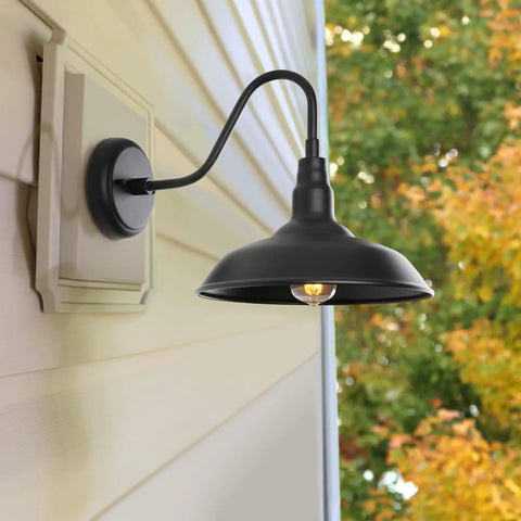 Black Gooseneck Barn Light With 10 Inch Dome Exterior Wall Mount Lamp for Farmhouse Garage Porch Patio Outdoor Sconce Matte Black Durable Weatherproof Finish, Industrial Vibe, Perfect For Rustic Homes mounted on siding wall.