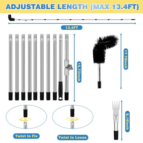 Image showing the 13 Foot Reach Gutter Cleaning Tool with No Ladder Needed Adjustable Pole, 180 Degree Pivot Head, and accessories.
