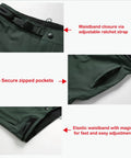 Details of baggy quick dry mountain bike pants for men with adjustable waistband, zippered pockets, in army green, size 34.