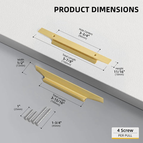 Gold Cabinet Handles 10 Pack 3-3/4 Inch Brushed Brass Drawer Pulls with 96mm Hole Centers and 150mm Length, includes screws