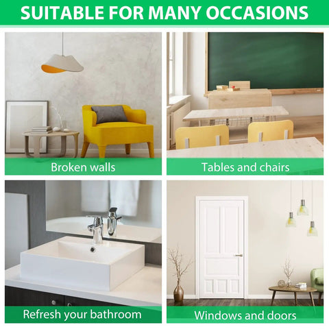 Collage of room interiors showing applications for Big Hole Drywall Repair Kit With Scraper, DIY Dream Patch Mender