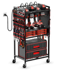 Power Tool Organizer Cart With Charging Station On Wheels Eight Outlet Power Strip Built In Battery Storage Garage Floor Rolling Rack Heavy Duty Metal Utility Cart Red with tools and accessories.