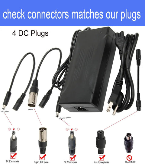 54.6V 3A Battery Charger For 48V Li-ion 13S Packs With 100-240V AC Input And 54.6V DC Output, Universal Charger With Multiple Tips: 5.5mm By 2.5mm, 5.5mm By 2.1mm, 1 Prong Male, 8 Prong Female, And 3 Pin XLR