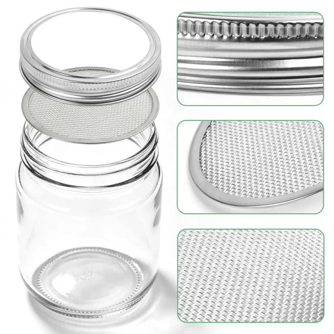Straight Up Premium 304 Stainless Steel Sprouting Lid For Mason Jars showing thick mesh germination screen on jar.