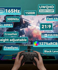 Front view of 34-Inch Ultrawide Curved Gaming Monitor UWQHD 3440x1440 165 Hz Refresh 1ms MPRT 1500R Curve in gaming setup