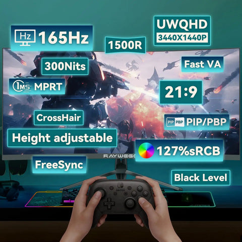 Front view of 34-Inch Ultrawide Curved Gaming Monitor UWQHD 3440x1440 165 Hz Refresh 1ms MPRT 1500R Curve in gaming setup