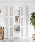Preassembled 60x80 White Bifold Closet Doors For Pantry With Concealed Hardware Kit waterproof PVC surface in bathroom setting.