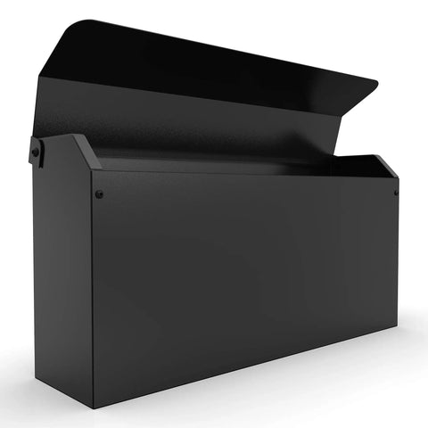 Edward Wall Mounted Mailbox in slick matte black with powder coated steel, lid open, medium capacity for small boxes and envelopes.