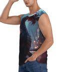 Mens Breathable Mesh Sleeveless Shirt With Urban Mechanical Dragon Graphic Black worn by a man in a casual pose.